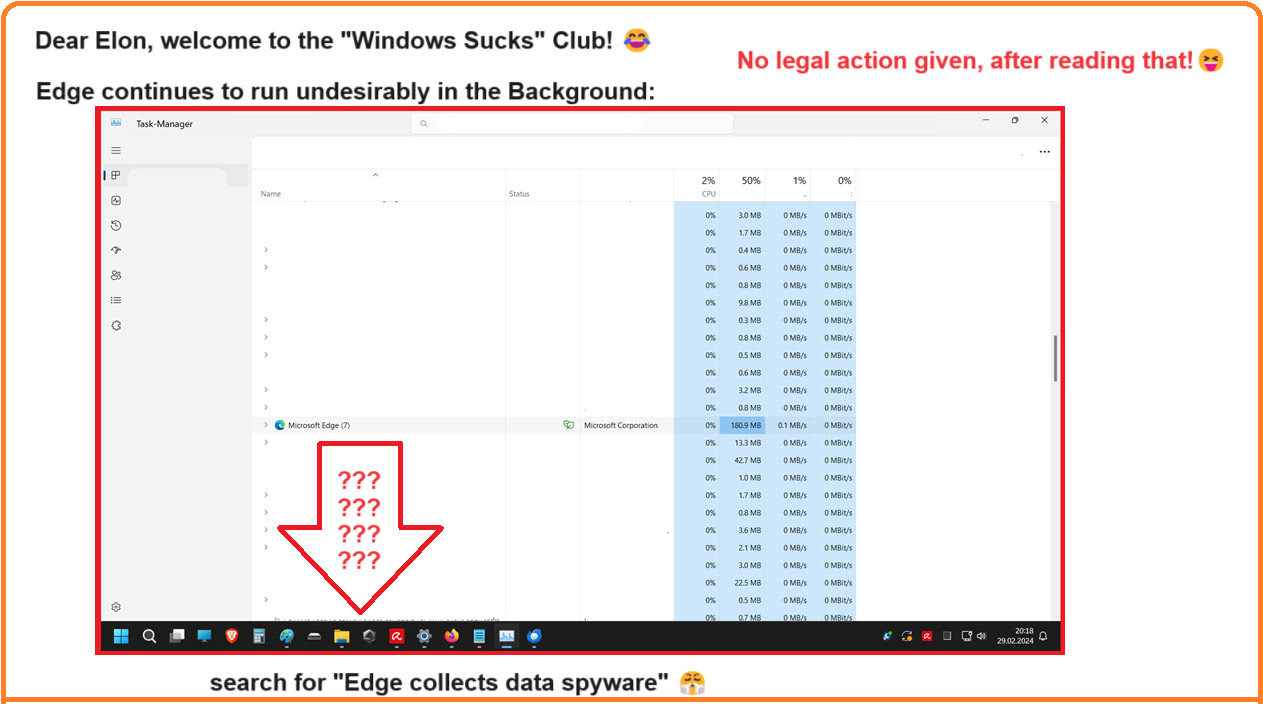 Task Manager shows Edge continues to run undesirably in the background!