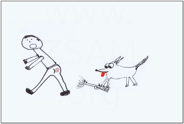 Description: On the left side stands a man and he is crying, because on the right side stands his dog on his gun and the dog shoots by mistake in owners buttocks.