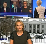 Reporterin hat T-Shirt an, aber hinter ihr liegt Washington im Schnee