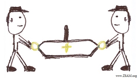 Two men carrying a coffin. On top of the coffin is a long bulge, formed like a penis.